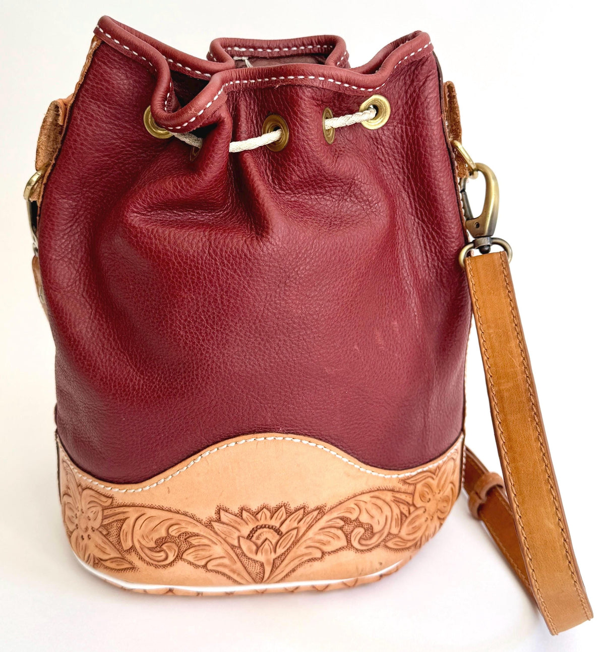 Vintage Oxblood Leather Drawstring Bag Western Floral Tooled Leather Trim