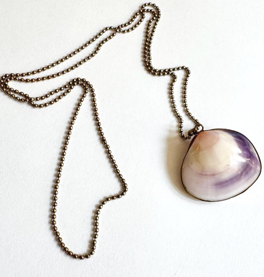 Vintage Scallop Shell Necklace: Brass Trimmed Pendant, Long Beaded Chain