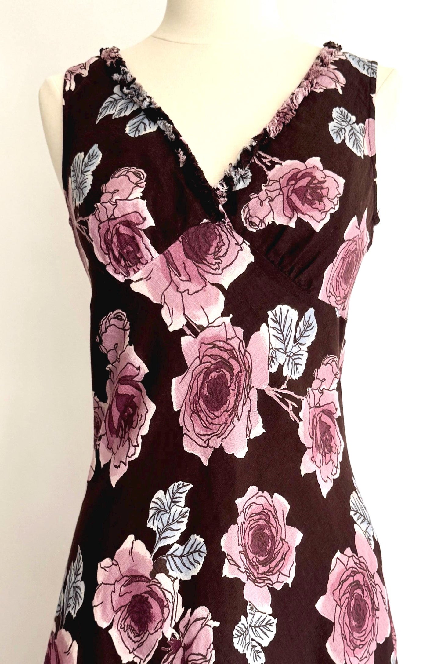 Vintage 90s Floral Sleeveless Dress Rose Print Linen