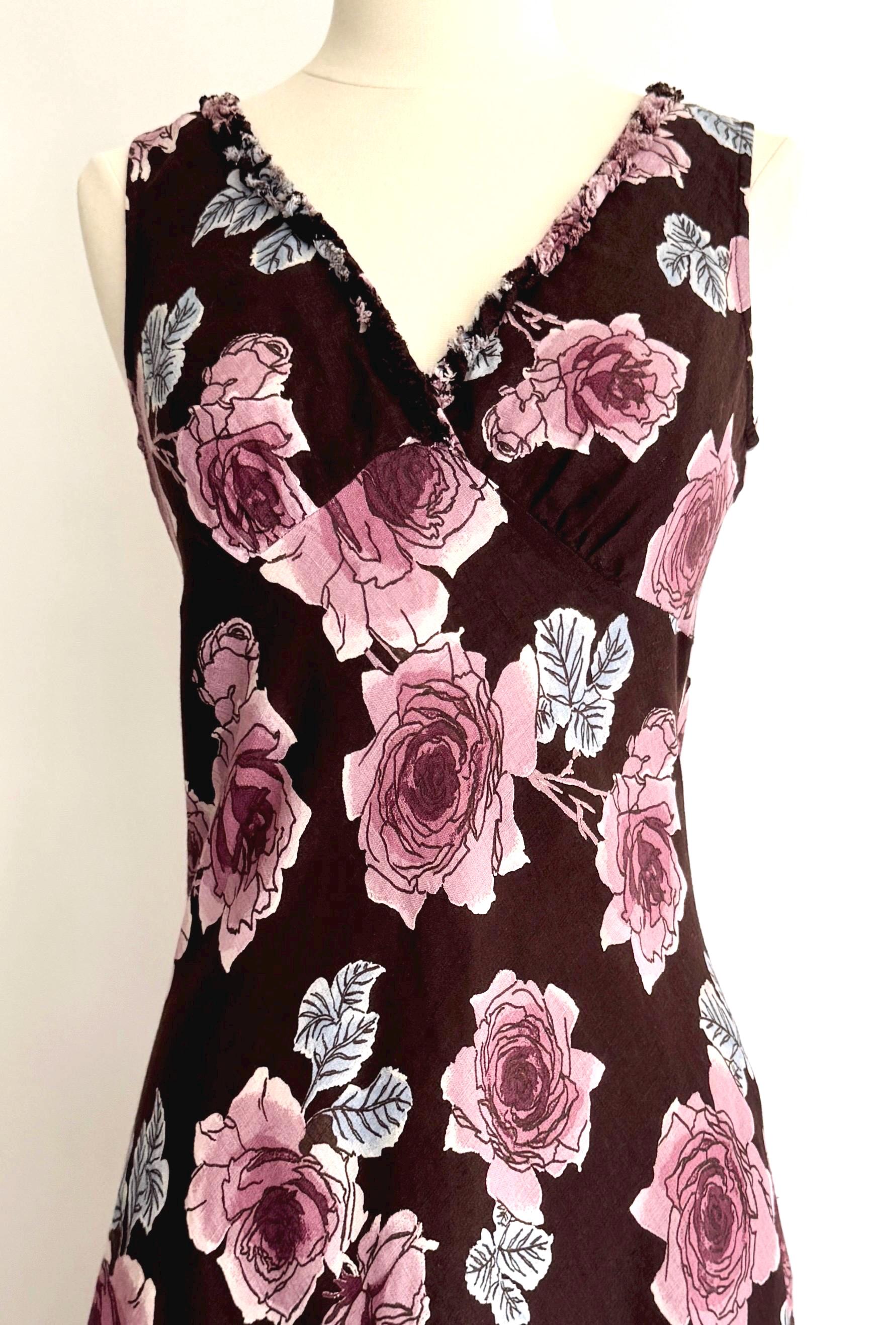 Vintage 90s Floral Sleeveless Dress Rose Print Linen