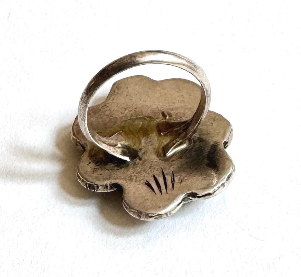 Large Navajo Turquoise Ring Vintage 50's Signed Native American Handmade Sterling Silver Flower Floral Western Southwest Ring Size 7.25