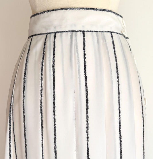 70s Striped Midi Skirt Semi Sheer Vintage USA Made XXS/XS Black White Pleated Retro Fashion