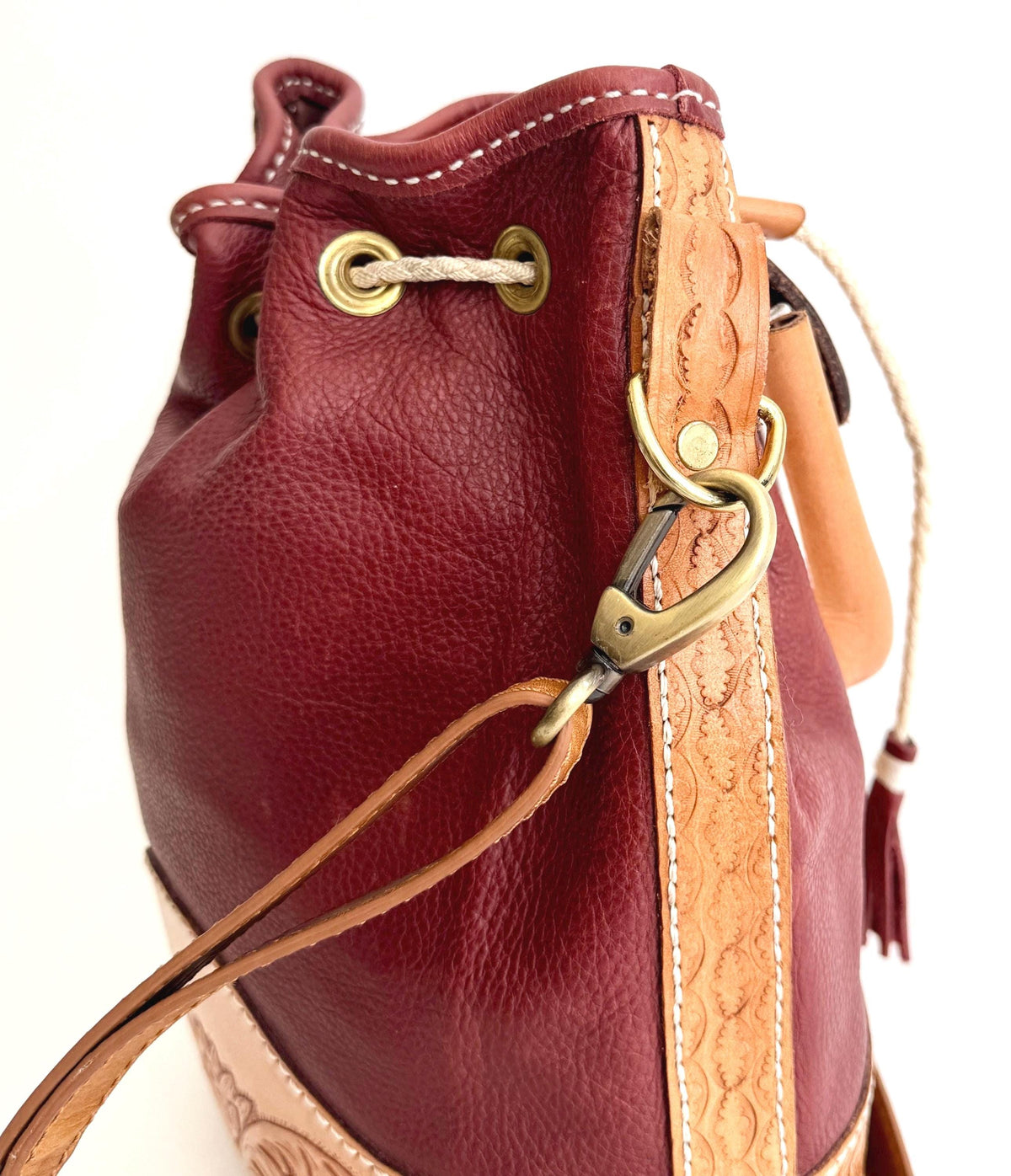 Vintage Oxblood Leather Drawstring Bag Western Floral Tooled Leather Trim