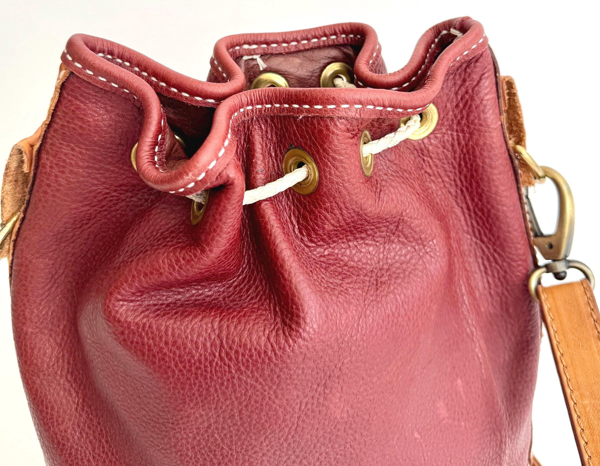Vintage Oxblood Leather Drawstring Bag Western Floral Tooled Leather Trim