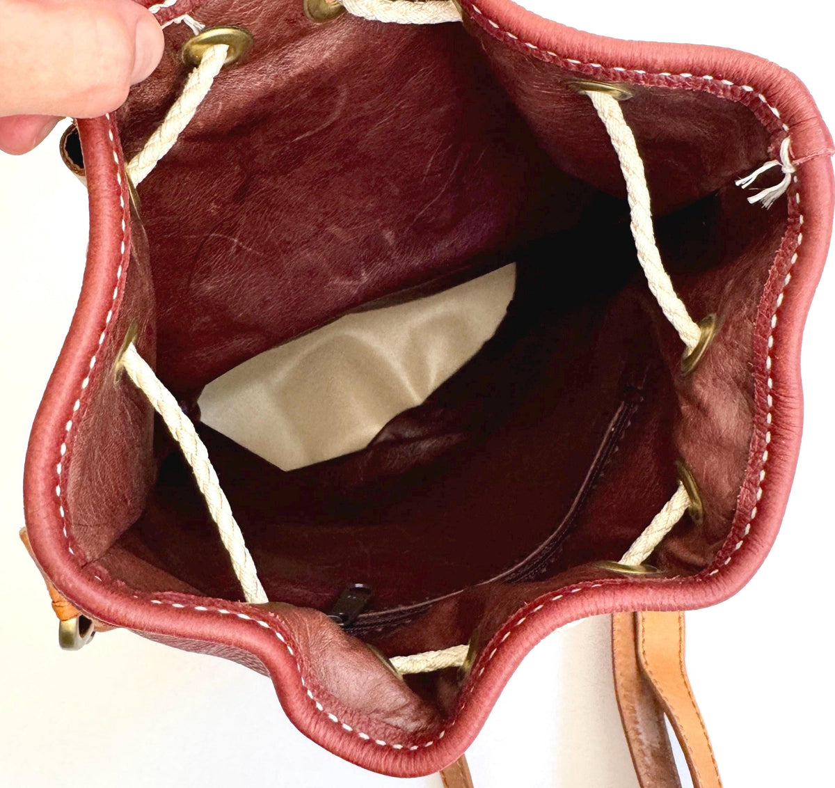 Vintage Oxblood Leather Drawstring Bag Western Floral Tooled Leather Trim