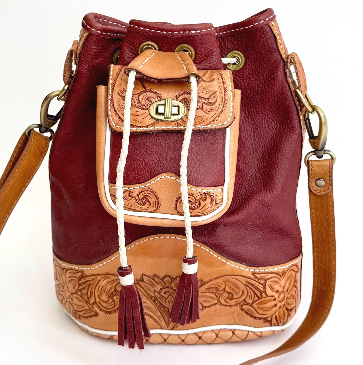 Vintage Oxblood Leather Drawstring Bag Western Floral Tooled Leather Trim