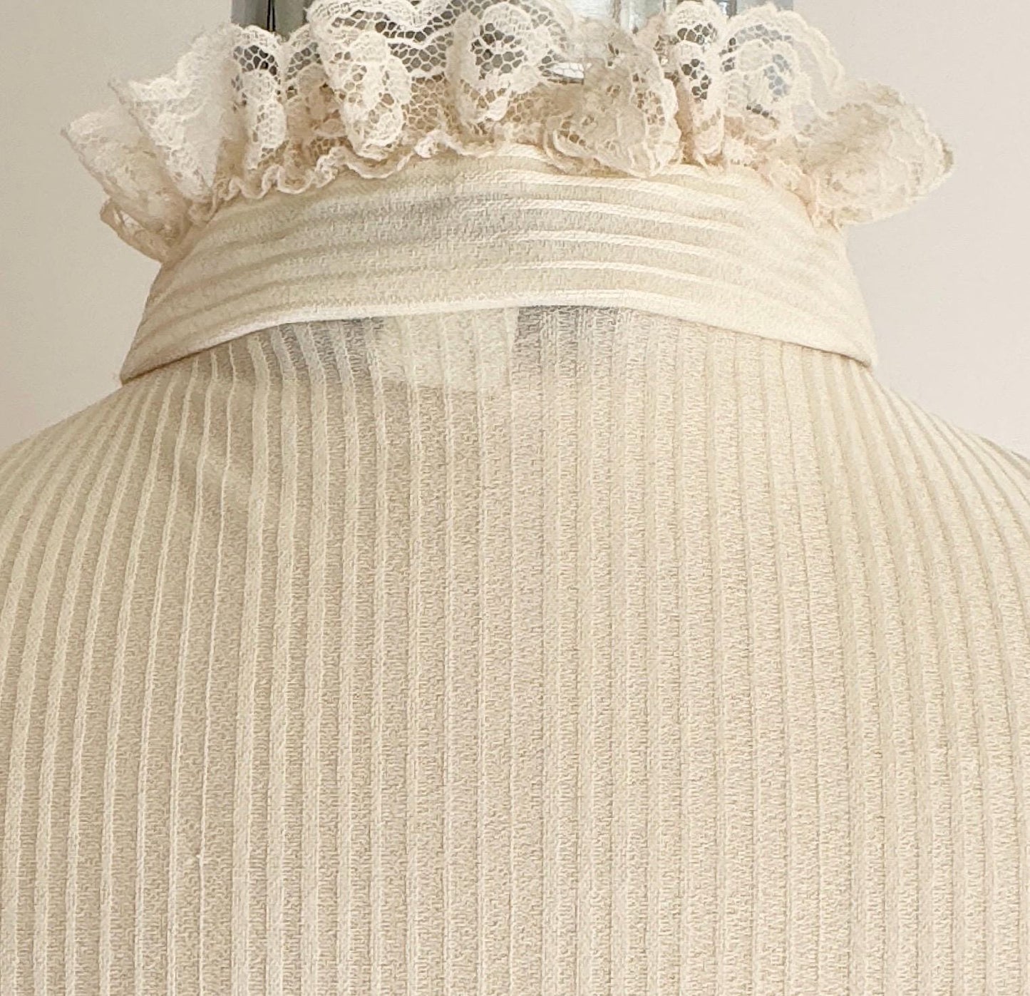 70s Victorian Lace Blouse: Cream Ruffle High Neck Top