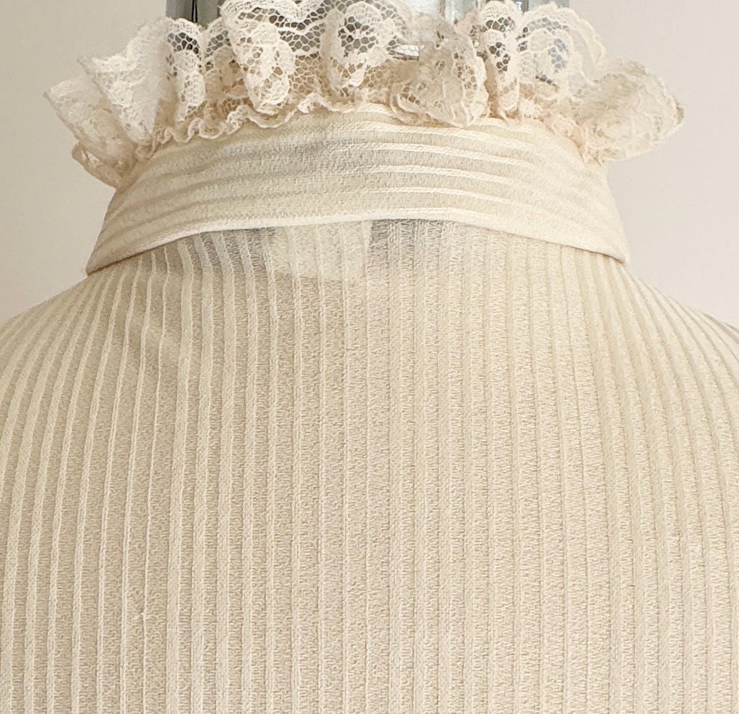 70s Victorian Lace Blouse: Cream Ruffle High Neck Top