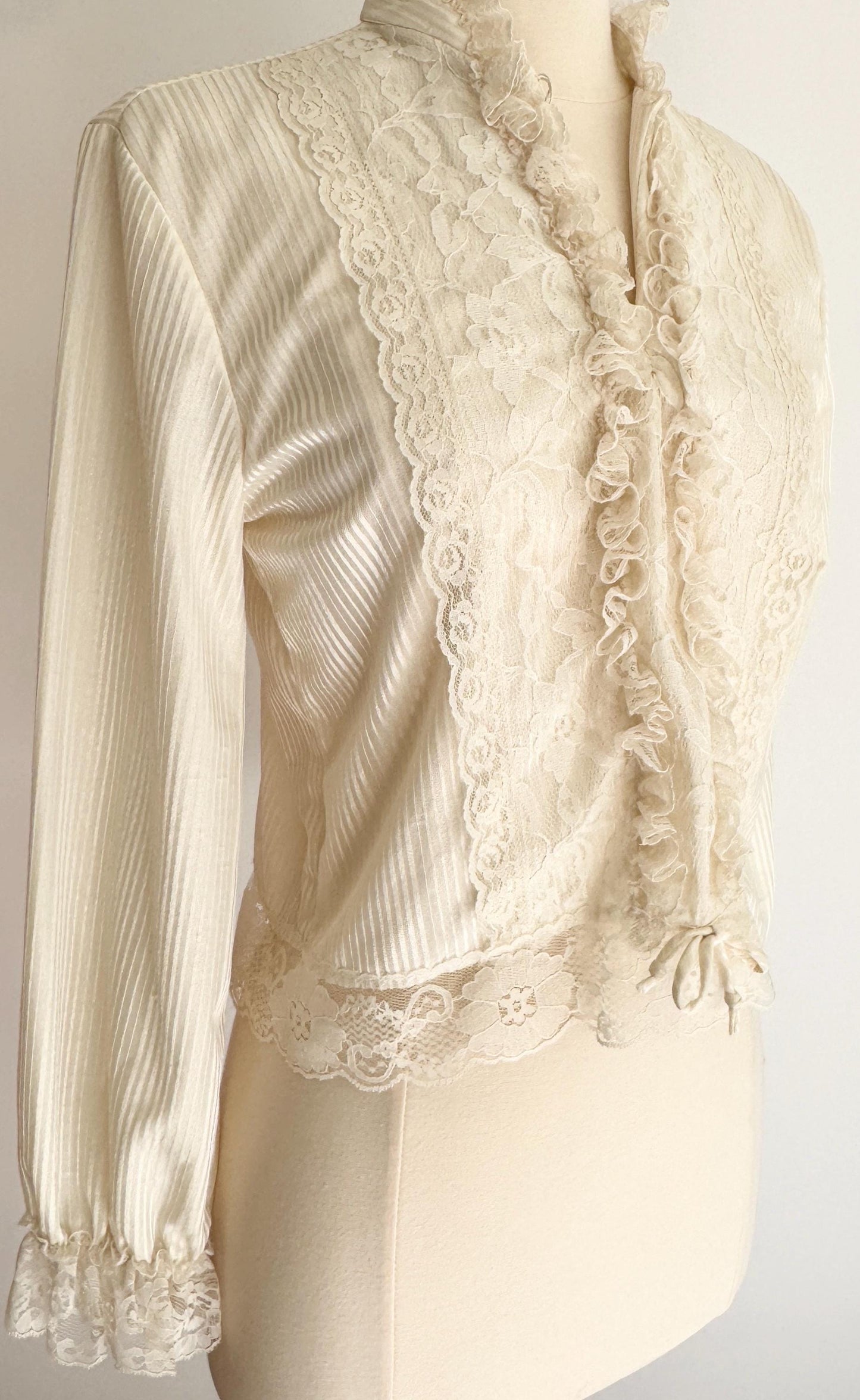 70s Victorian Lace Blouse: Cream Ruffle High Neck Top