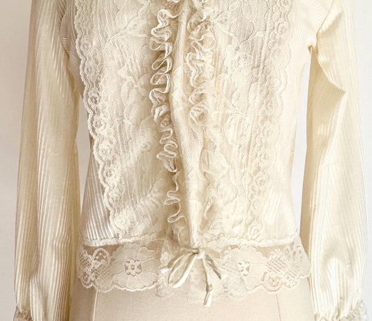 70s Victorian Lace Blouse: Cream Ruffle High Neck Top
