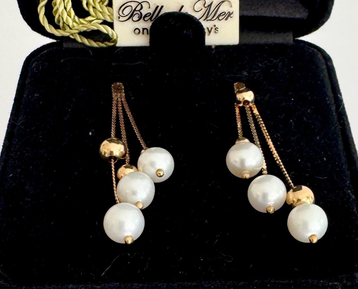 Vintage Solid 14K Gold Pearl Drop Earrings Belle de Mer Macys 1" Dangle