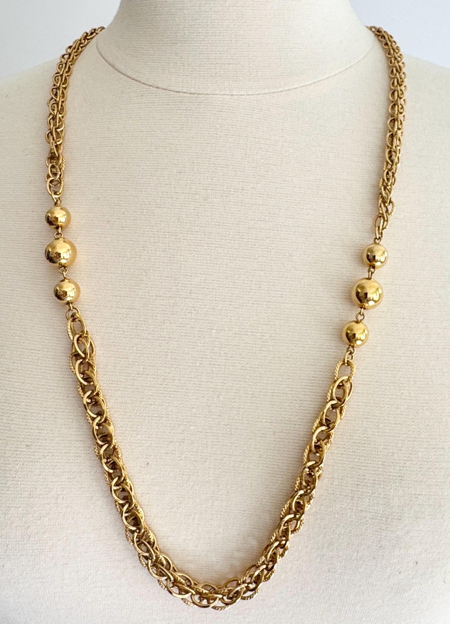 Vintage Napier Gold Chain Necklace: 80s Ball Bead Long Necklace