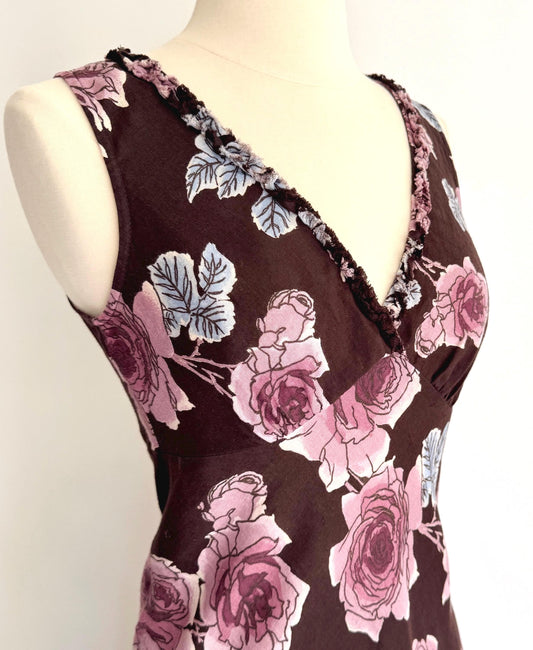 Vintage 90s Floral Linen Dress: Hobbs Made in Morocco XXS/XS