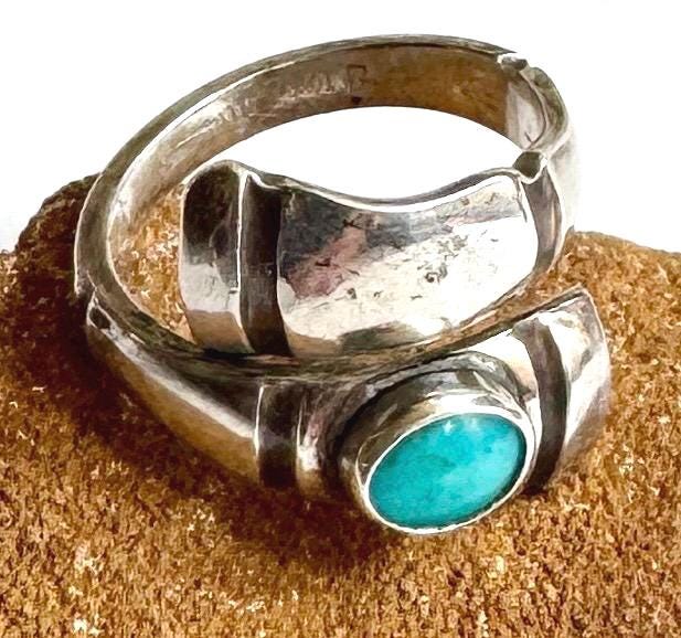 Vintage Turquoise Bypass Ring Band Sterling Silver 925 Modernist Minimalist Size 8.25