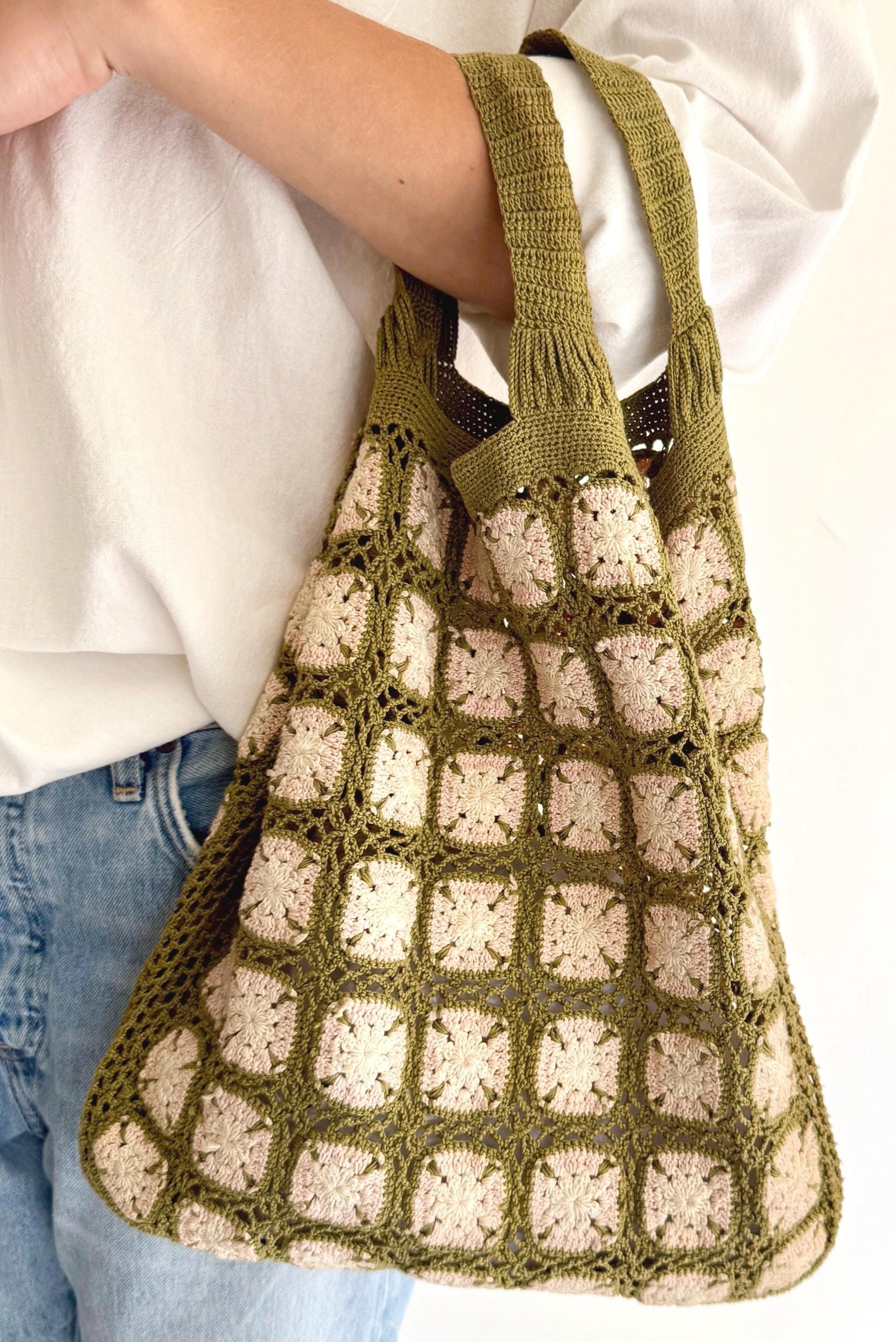 Vintage Hand Crochet Tote Bag: 60s Boho Cotton Knit
