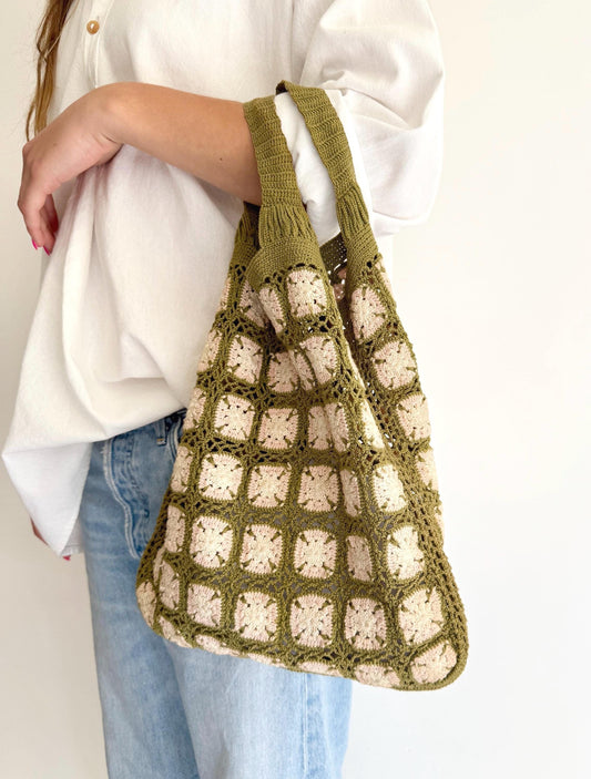 Vintage Hand Crochet Tote Bag: 60s Boho Cotton Knit