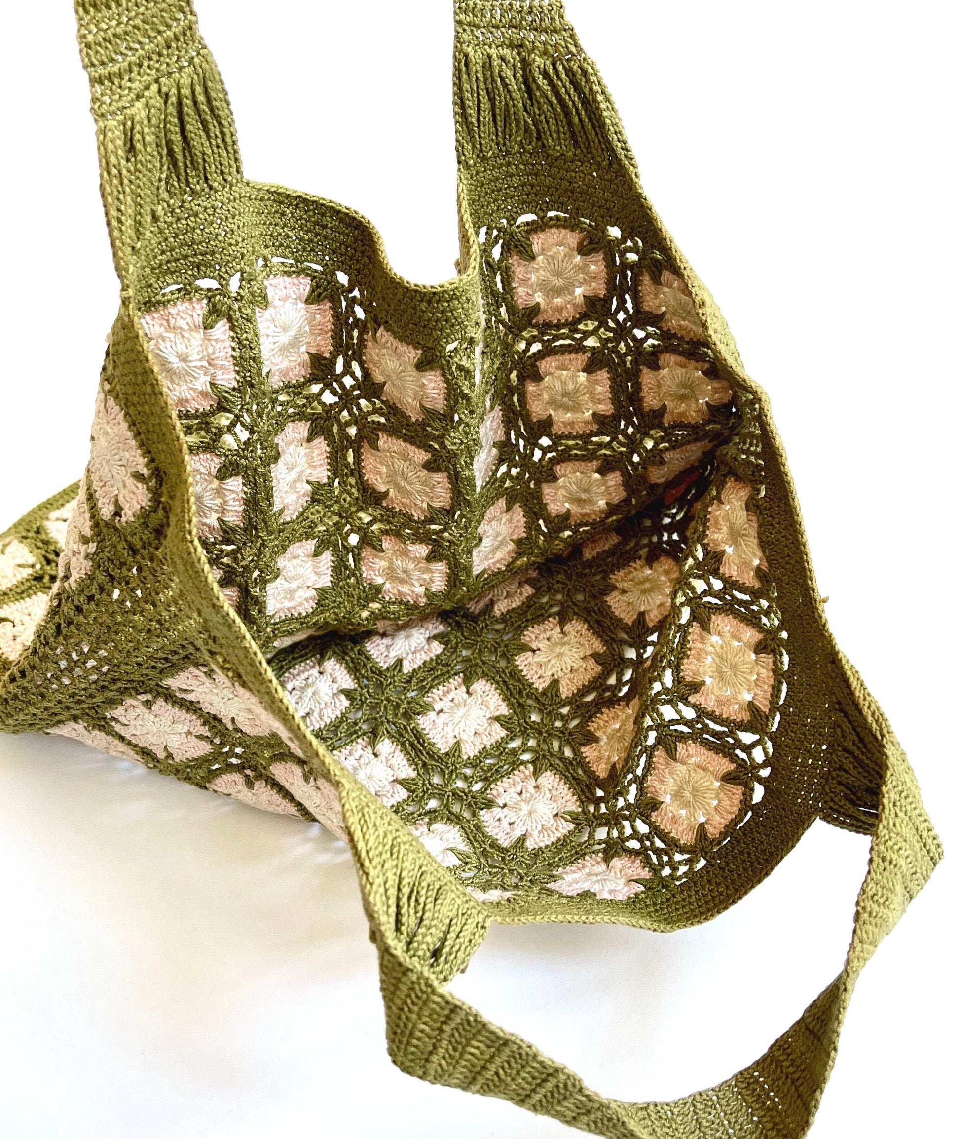 Vintage Hand Crochet Tote Bag: 60s Boho Cotton Knit