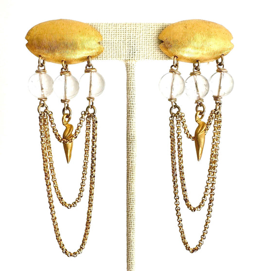 Vintage Celia Landman Dangle Earrings: Gold Chain Waterfall, Textured Beads