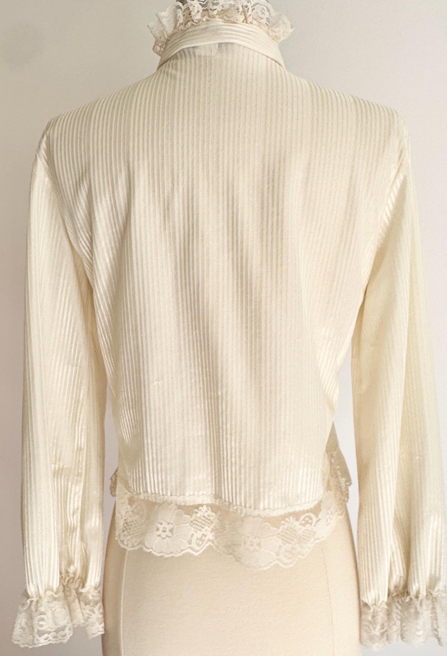 70s Victorian Lace Blouse: Cream Ruffle High Neck Top