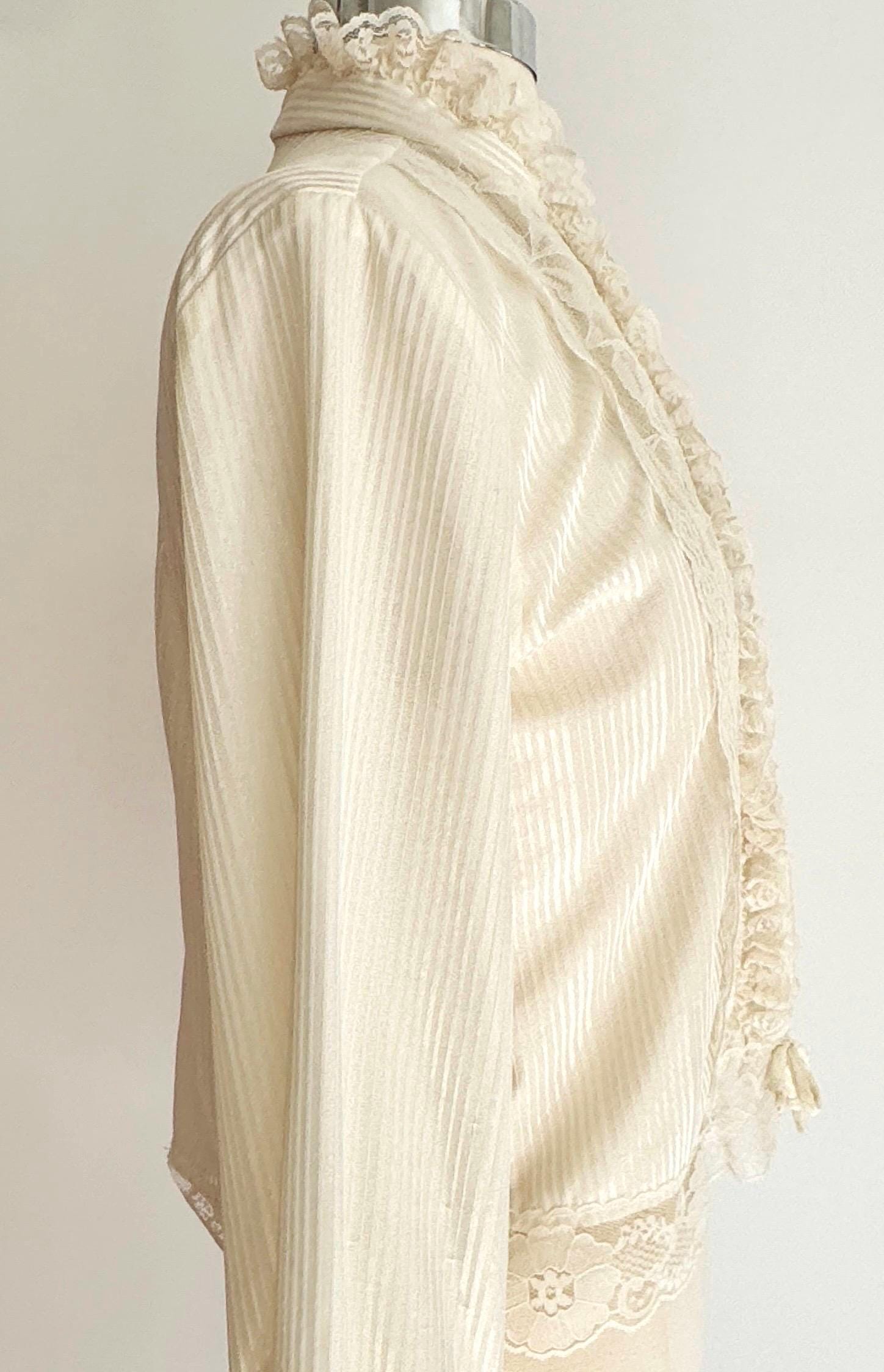 70s Victorian Lace Blouse: Cream Ruffle High Neck Top