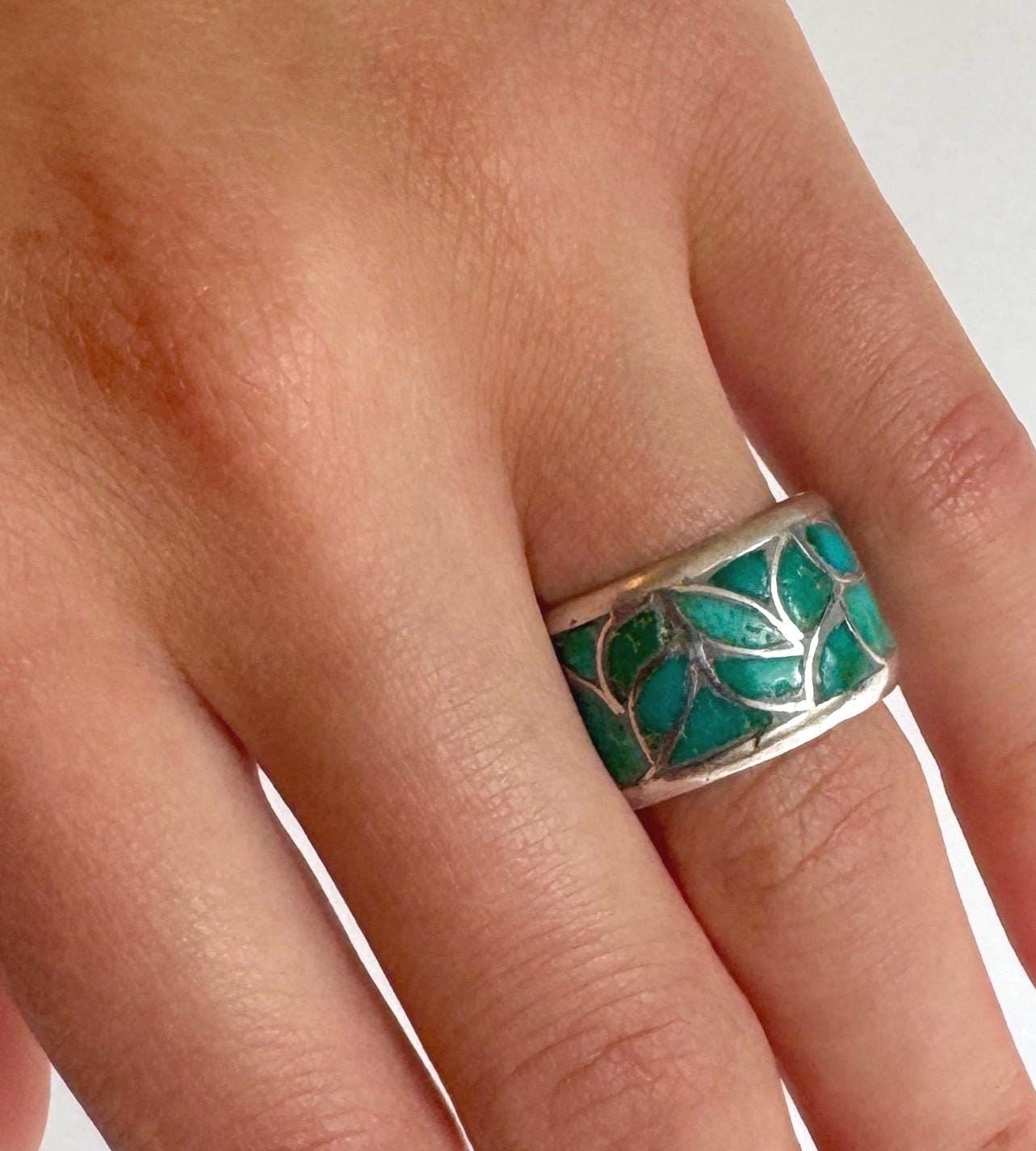Vintage Zuni Turquoise Sterling Silver Cigar Band Ring, Size 6.75