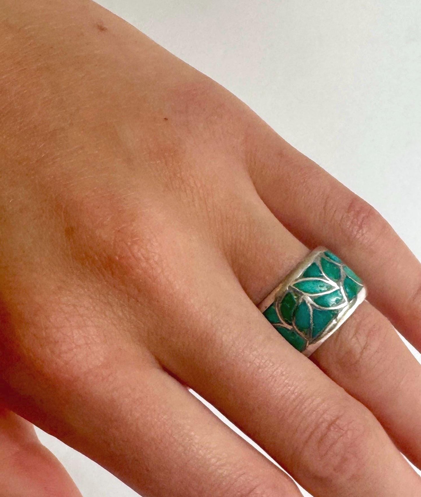 Vintage Zuni Turquoise Sterling Silver Cigar Band Ring, Size 6.75