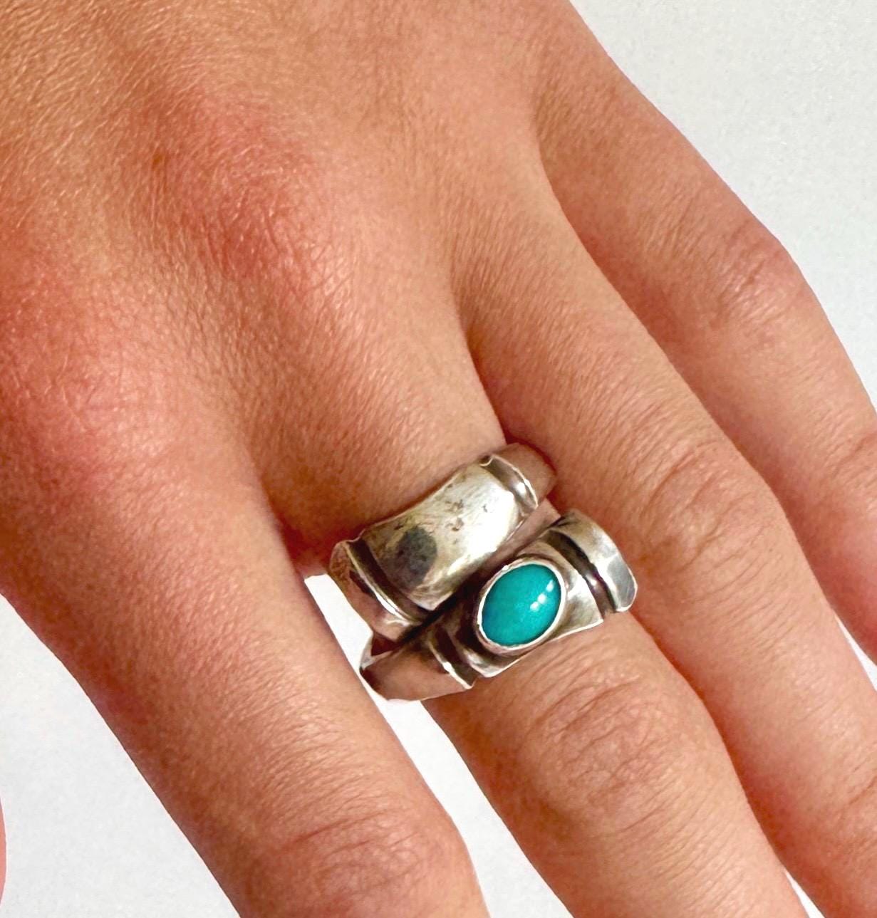 Vintage Turquoise Bypass Ring Band Sterling Silver 925 Modernist Minimalist Size 8.25