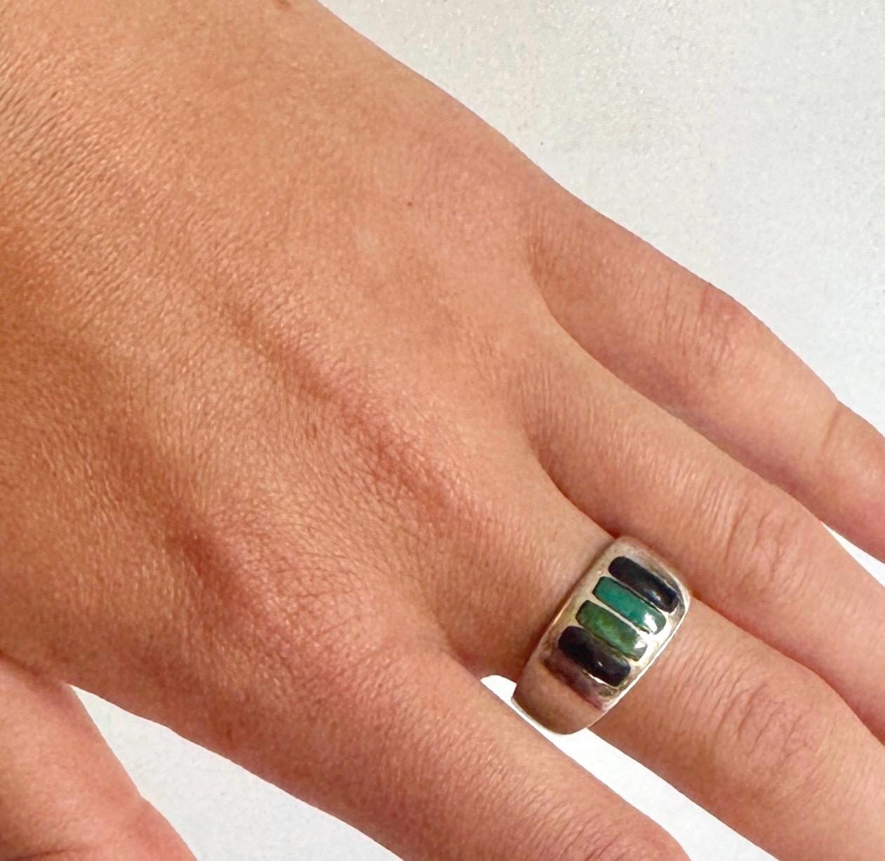 Vintage Zuni Turquoise Sterling Silver Ring: Native American Multi Stone Band, Size 7.5