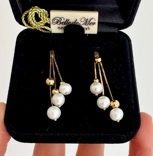 Vintage Solid 14K Gold Pearl Drop Earrings Belle de Mer Macys 1" Dangle