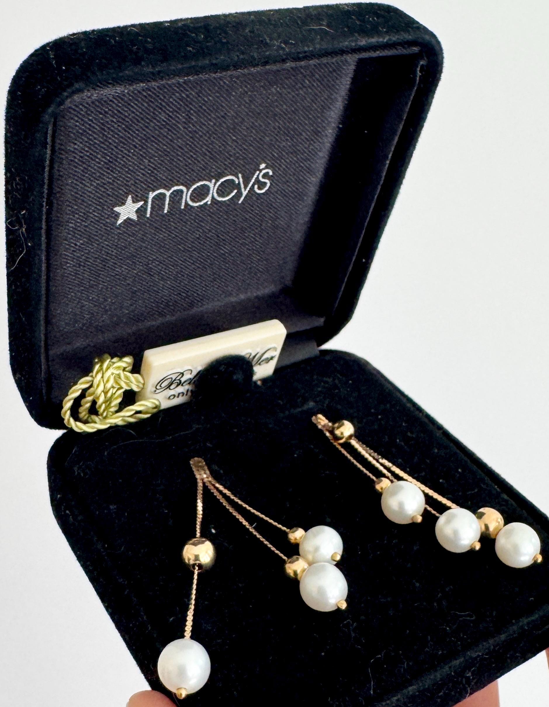 Vintage Solid 14K Gold Pearl Drop Earrings Belle de Mer Macys 1" Dangle