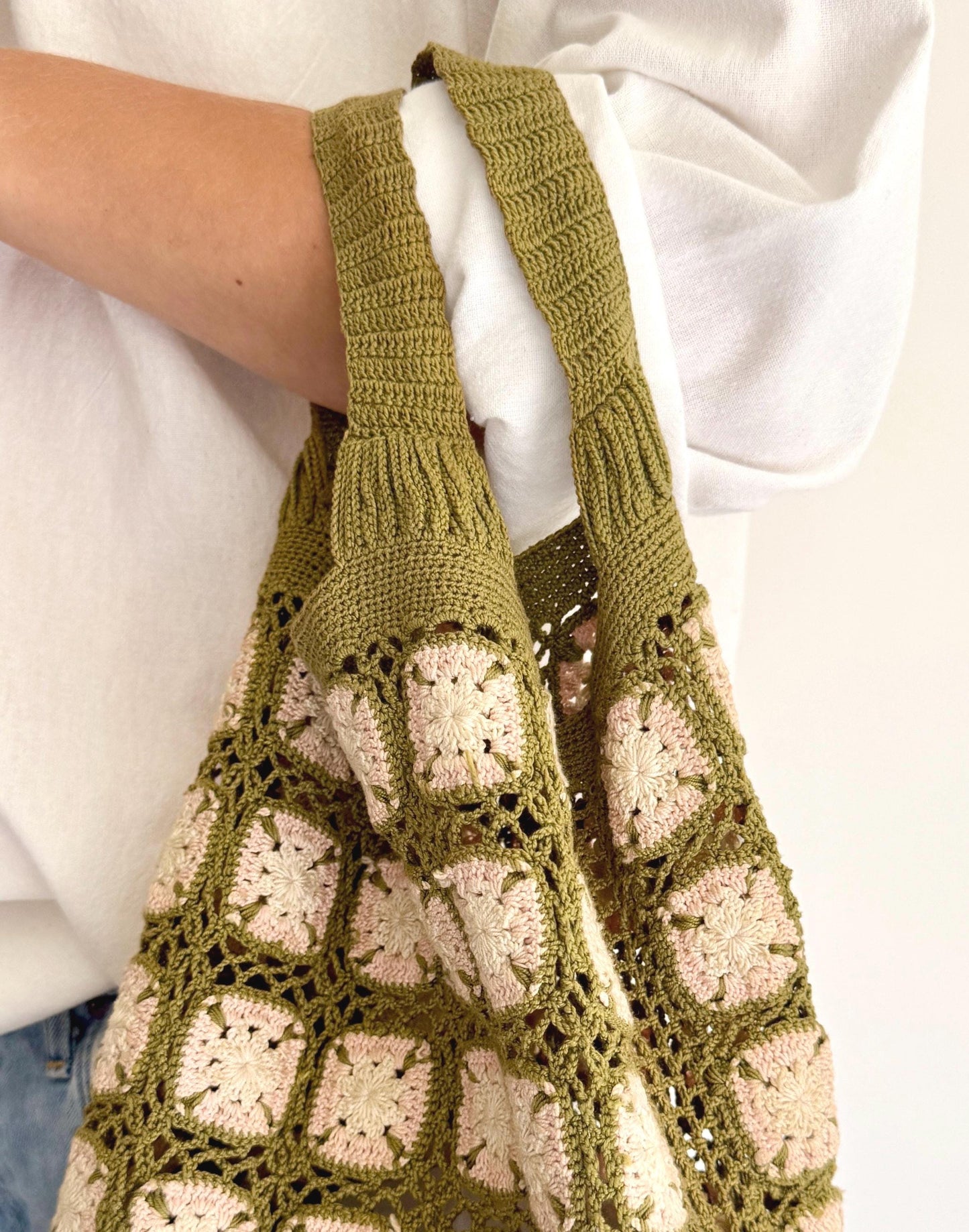 Vintage Hand Crochet Tote Bag: 60s Boho Cotton Knit