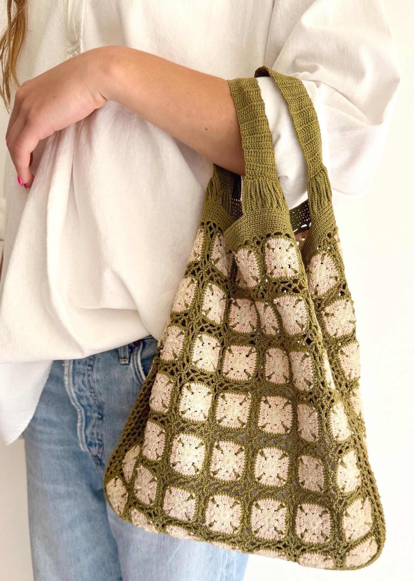 Vintage Hand Crochet Tote Bag: 60s Boho Cotton Knit