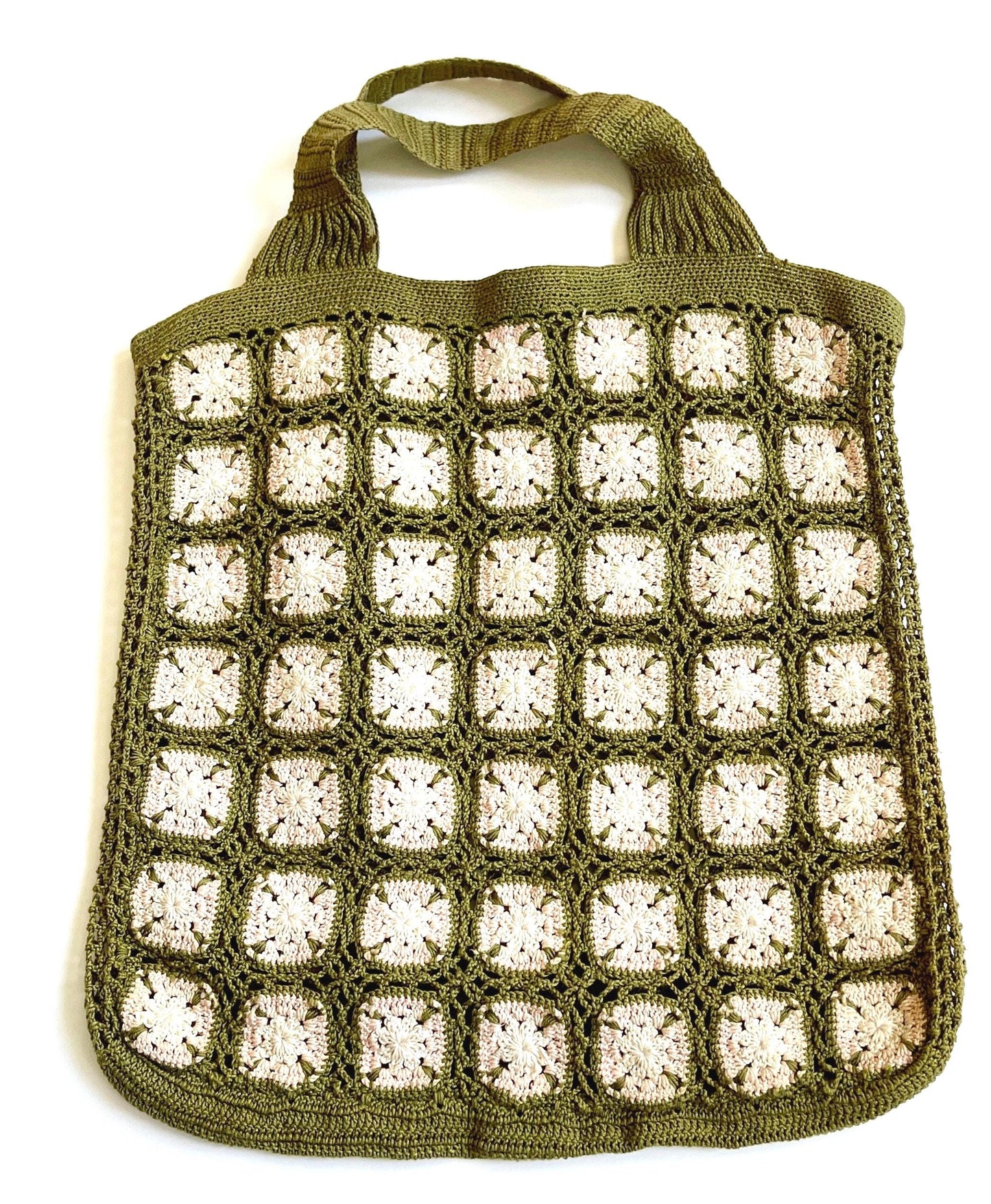 Vintage Hand Crochet Tote Bag: 60s Boho Cotton Knit