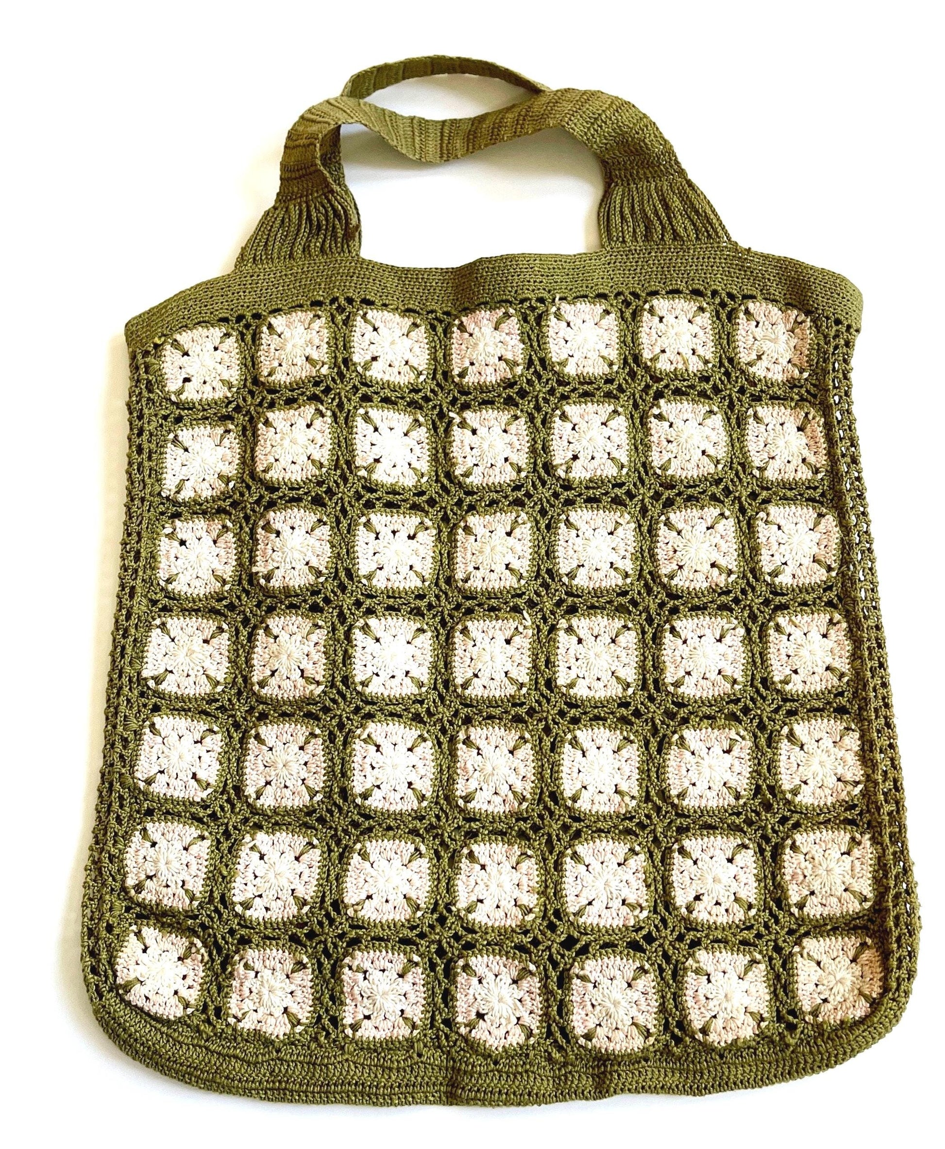 Vintage Hand Crochet Tote Bag: 60s Boho Cotton Knit
