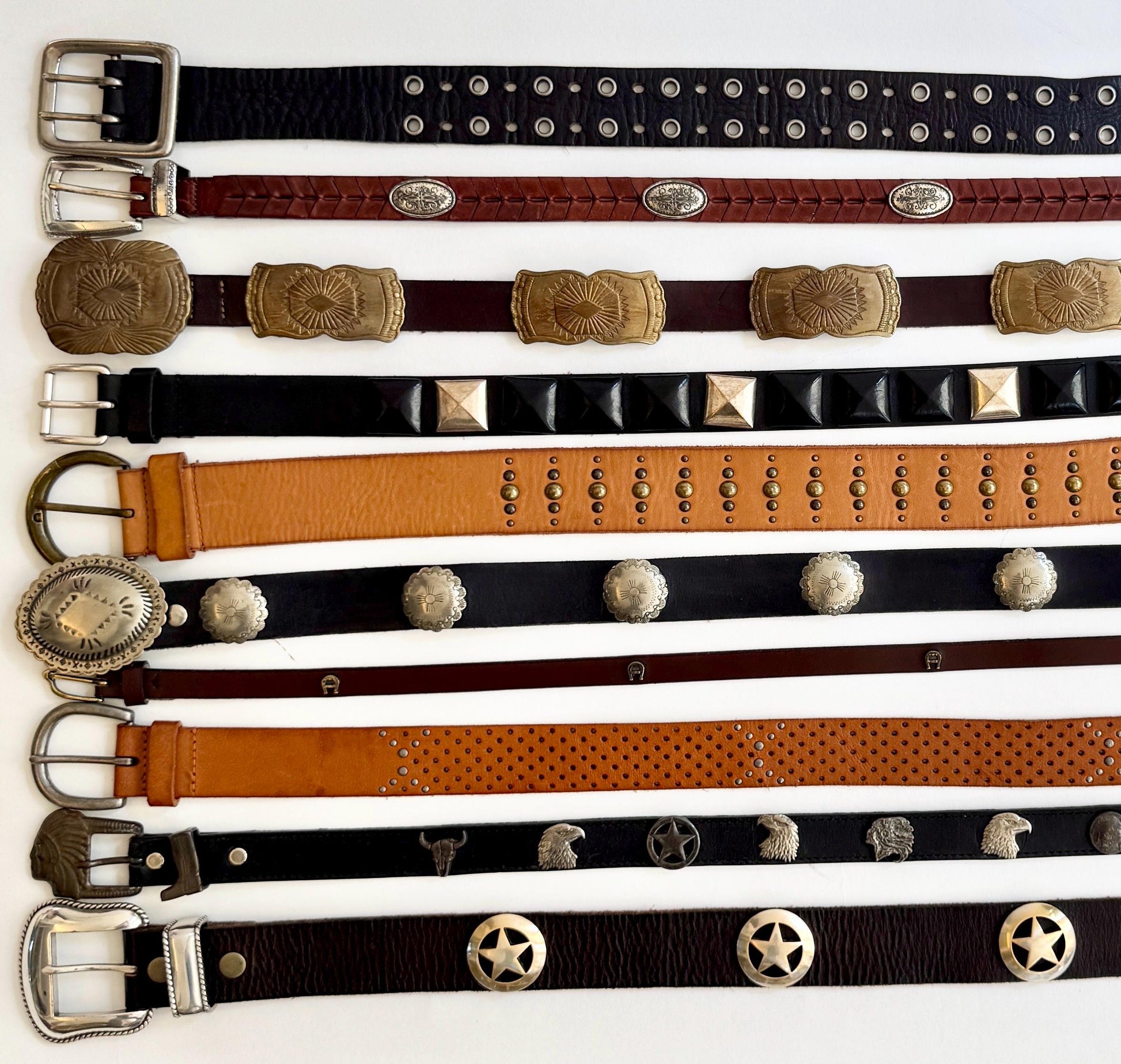 Western Leather Concho Belt Navajo Silver Conchas Studded Western Tip Worn Rugged Tan Brown Black Leather Cowboy Rodeo Brass Silver