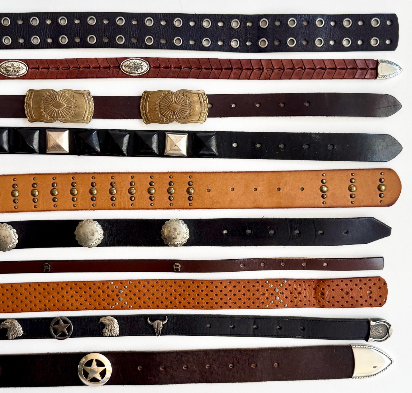 Western Leather Concho Belt Navajo Silver Conchas Studded Western Tip Worn Rugged Tan Brown Black Leather Cowboy Rodeo Brass Silver