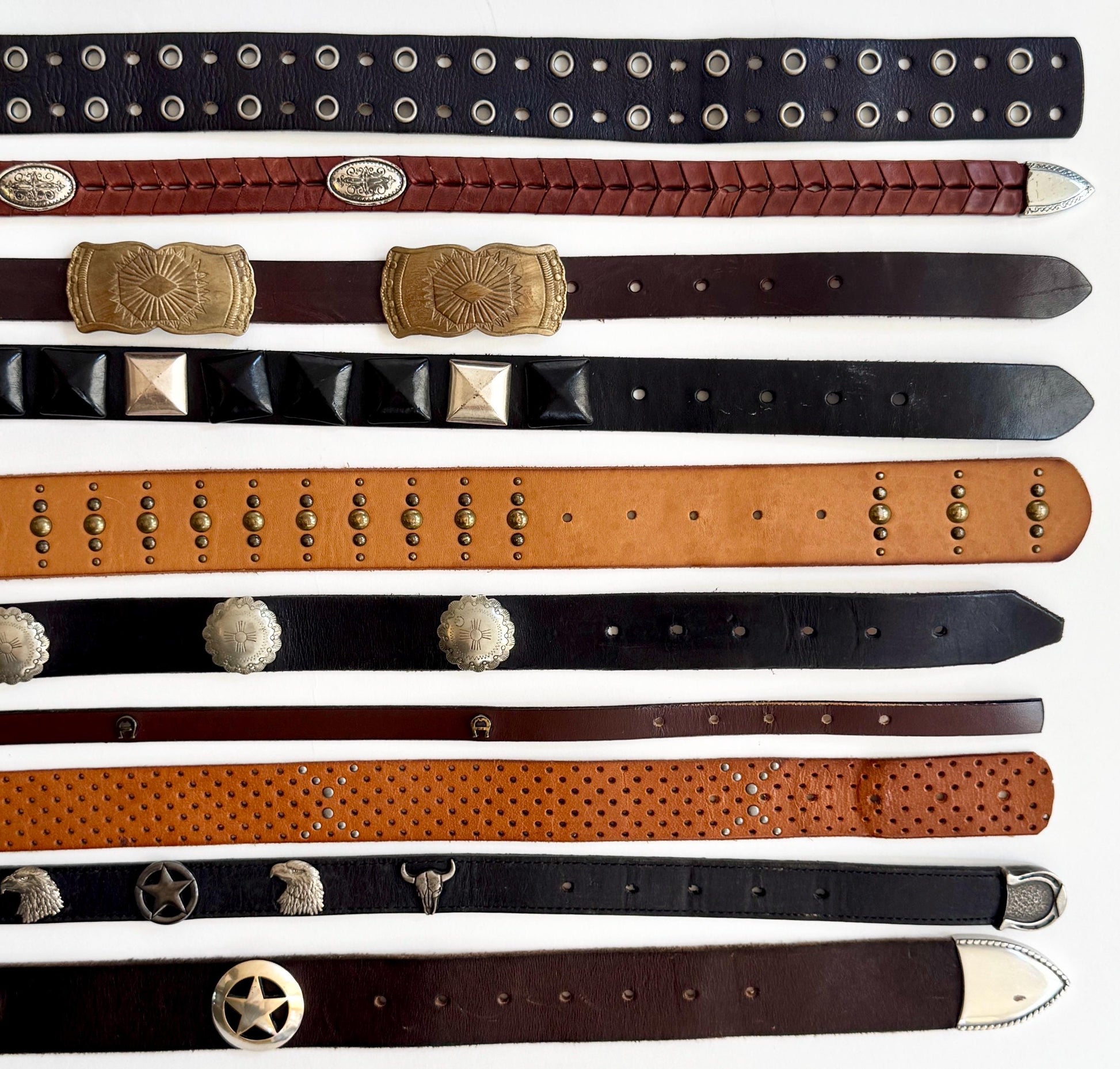 Western Leather Concho Belt Navajo Silver Conchas Studded Western Tip Worn Rugged Tan Brown Black Leather Cowboy Rodeo Brass Silver
