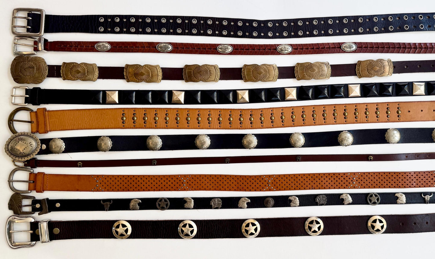 Western Leather Concho Belt Navajo Silver Conchas Studded Western Tip Worn Rugged Tan Brown Black Leather Cowboy Rodeo Brass Silver