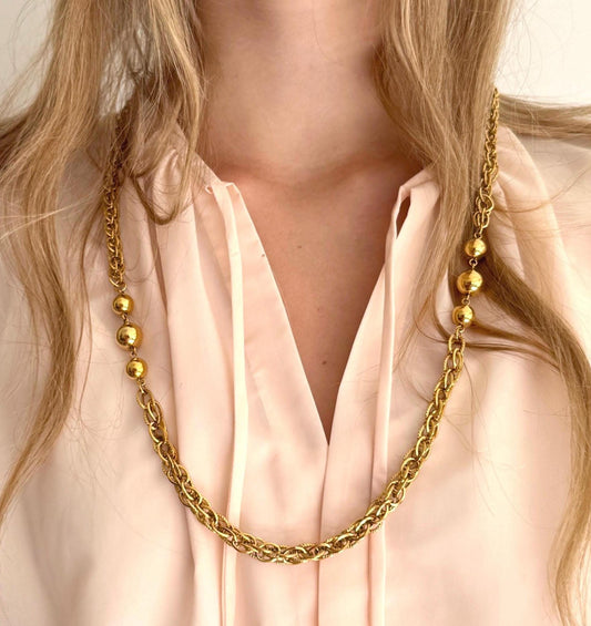 Vintage Napier Gold Chain Necklace: 80s Ball Bead Long Necklace