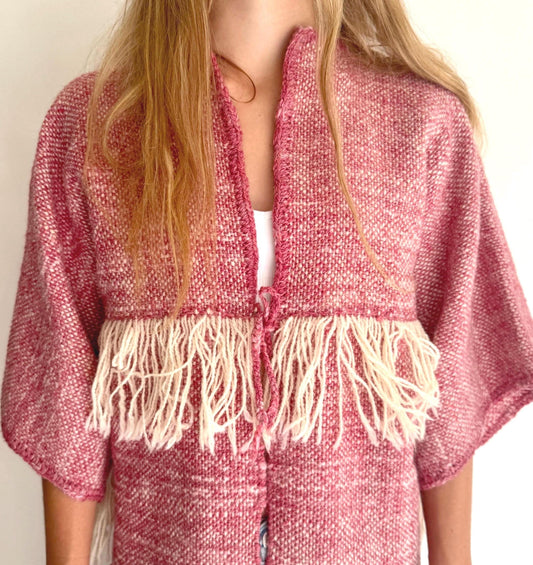 Handwoven Wool Southwest Jacket: Rose Pink Fringe, XXS/XS Vintage Coat