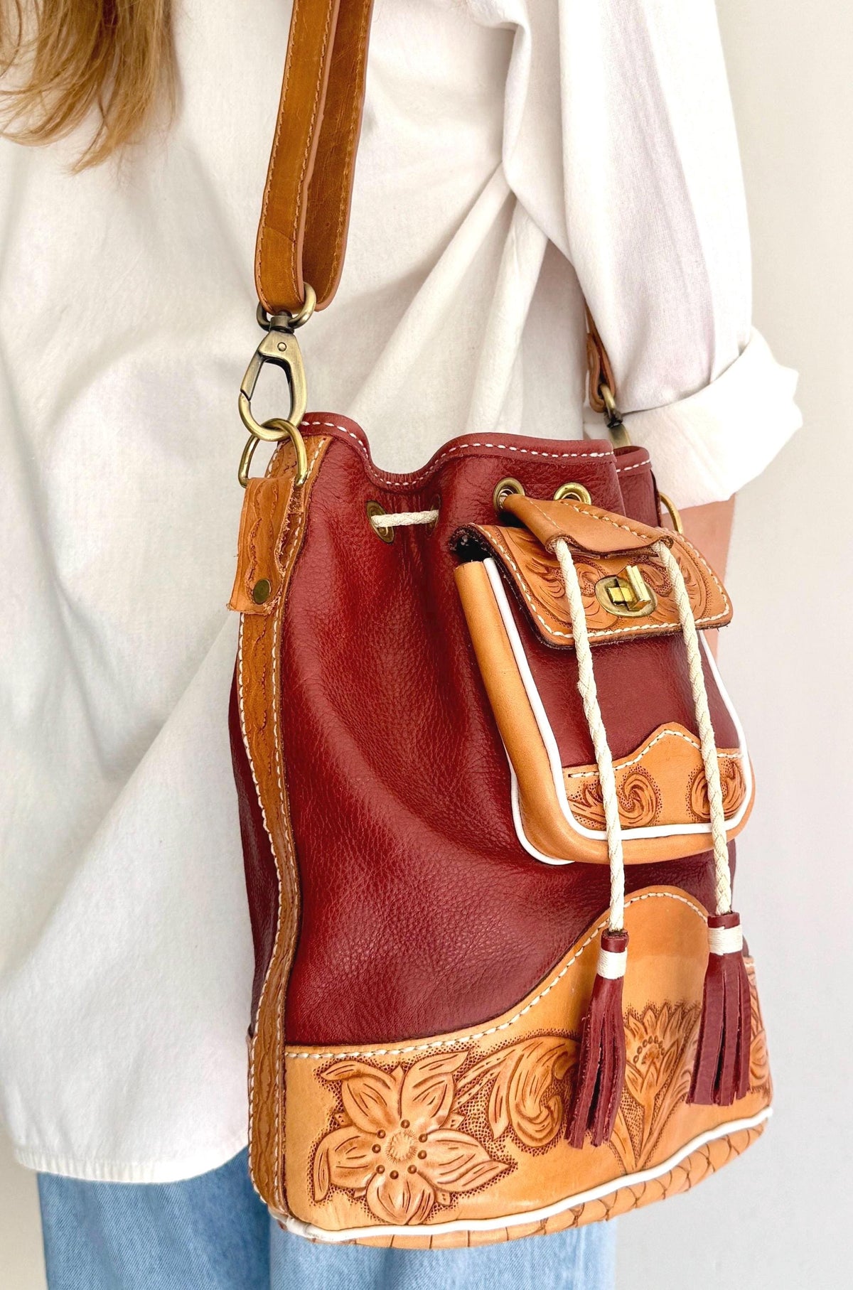 Vintage Oxblood Leather Drawstring Bag Western Floral Tooled Leather Trim