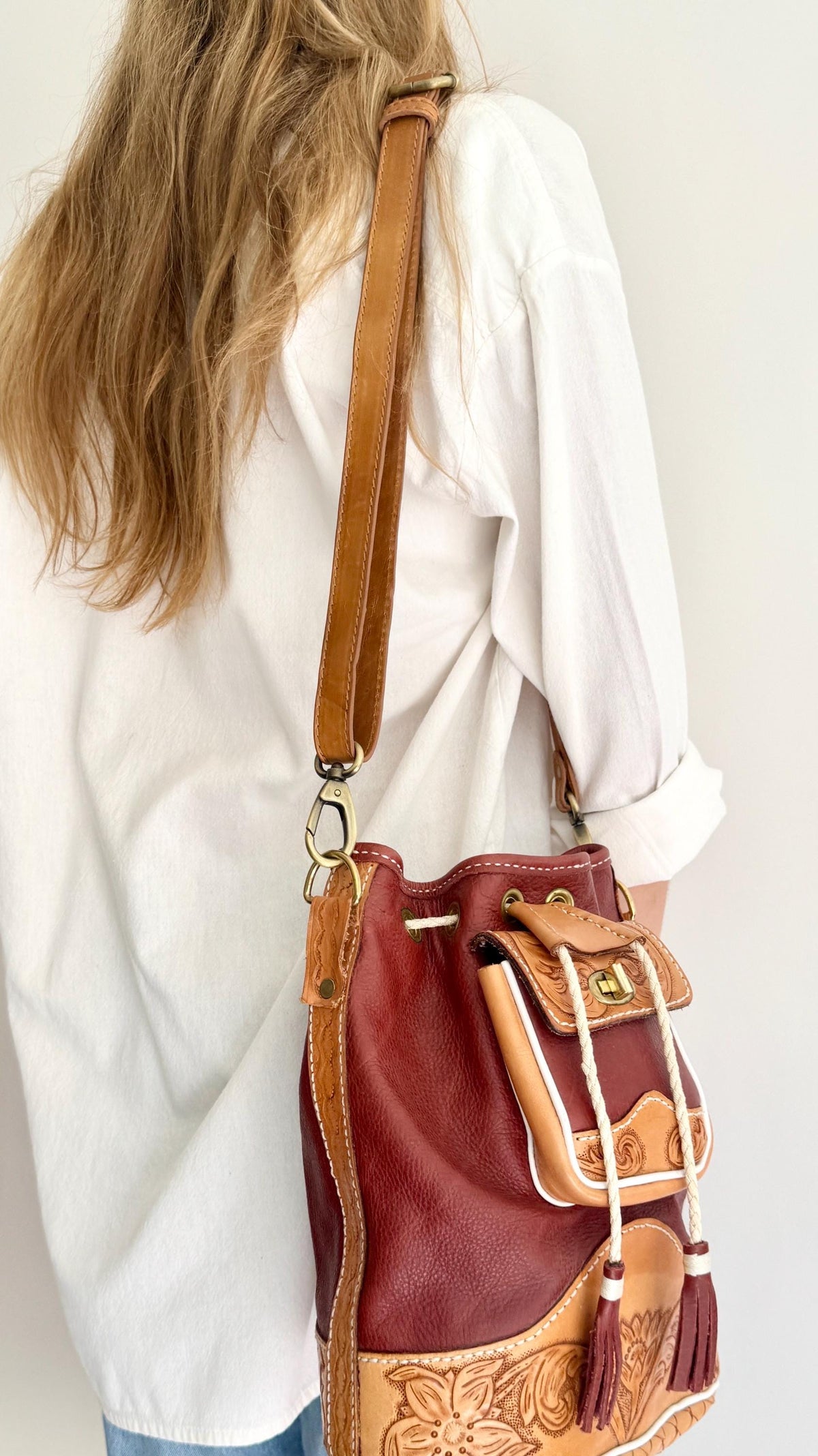 Vintage Oxblood Leather Drawstring Bag Western Floral Tooled Leather Trim