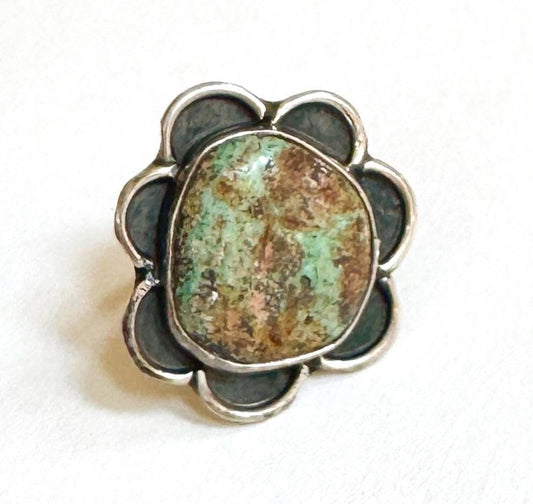 Vintage Navajo Turquoise Ring, Sterling Silver Floral Design, Size 8.25