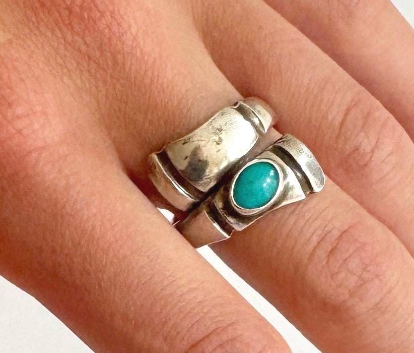 Vintage Turquoise Bypass Ring Band Sterling Silver 925 Modernist Minimalist Size 8.25