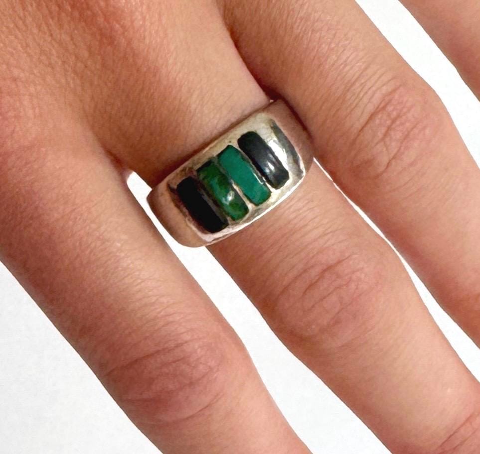Vintage Zuni Turquoise Sterling Silver Ring: Native American Multi Stone Band, Size 7.5