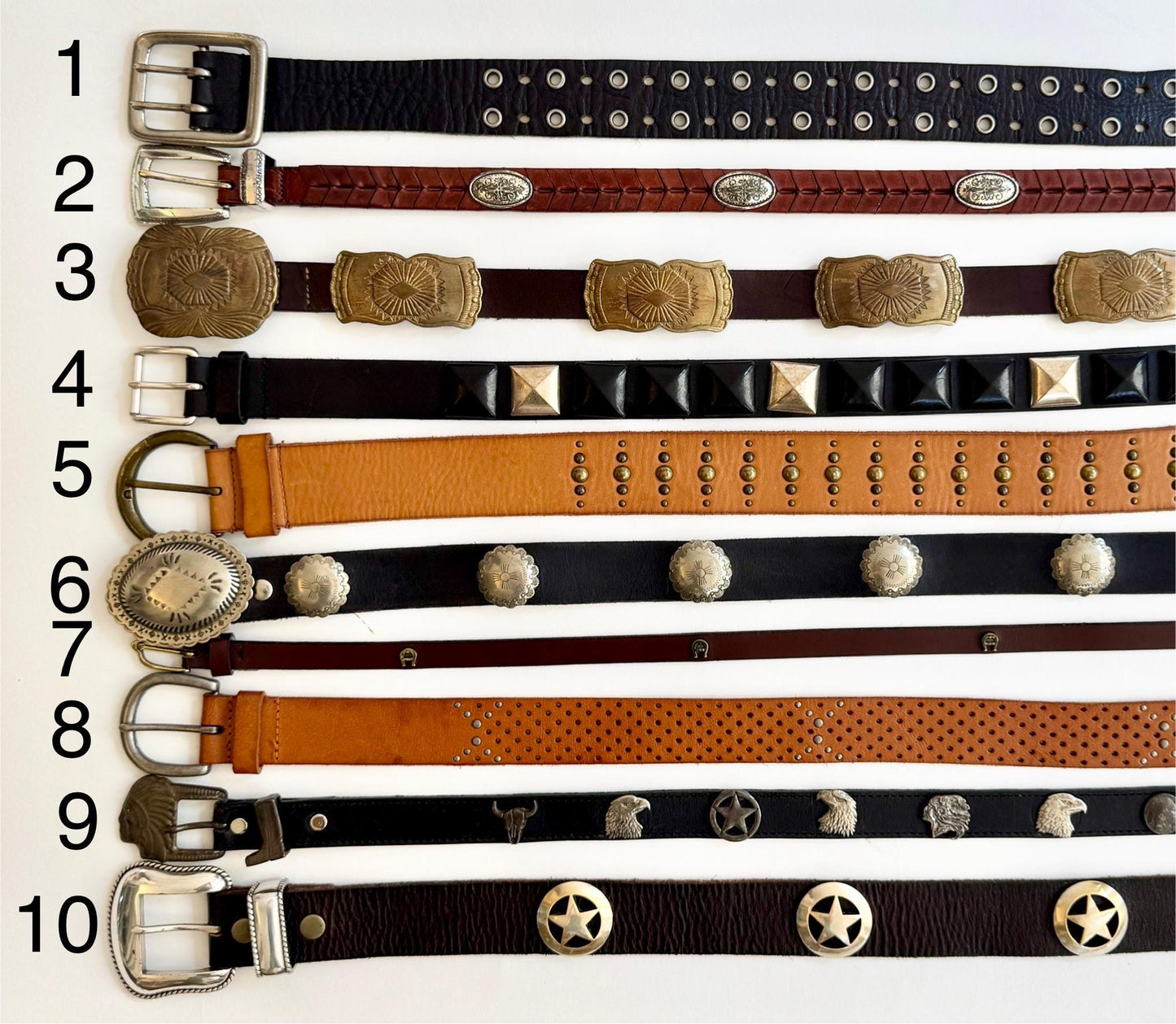 Western Leather Concho Belt Navajo Silver Conchas Studded Western Tip Worn Rugged Tan Brown Black Leather Cowboy Rodeo Brass Silver