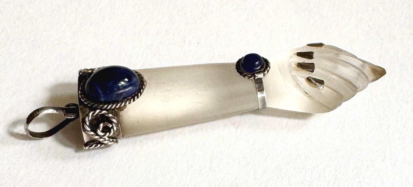 Large Vintage Figa Pendant 900 Silver Clear Crystal Lapis Lazuli Good Luck Charm