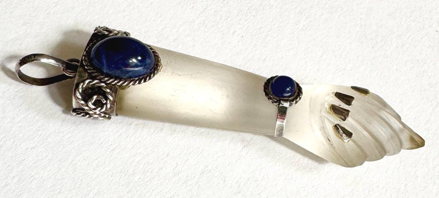 Large Vintage Figa Pendant 900 Silver Clear Crystal Lapis Lazuli Good Luck Charm