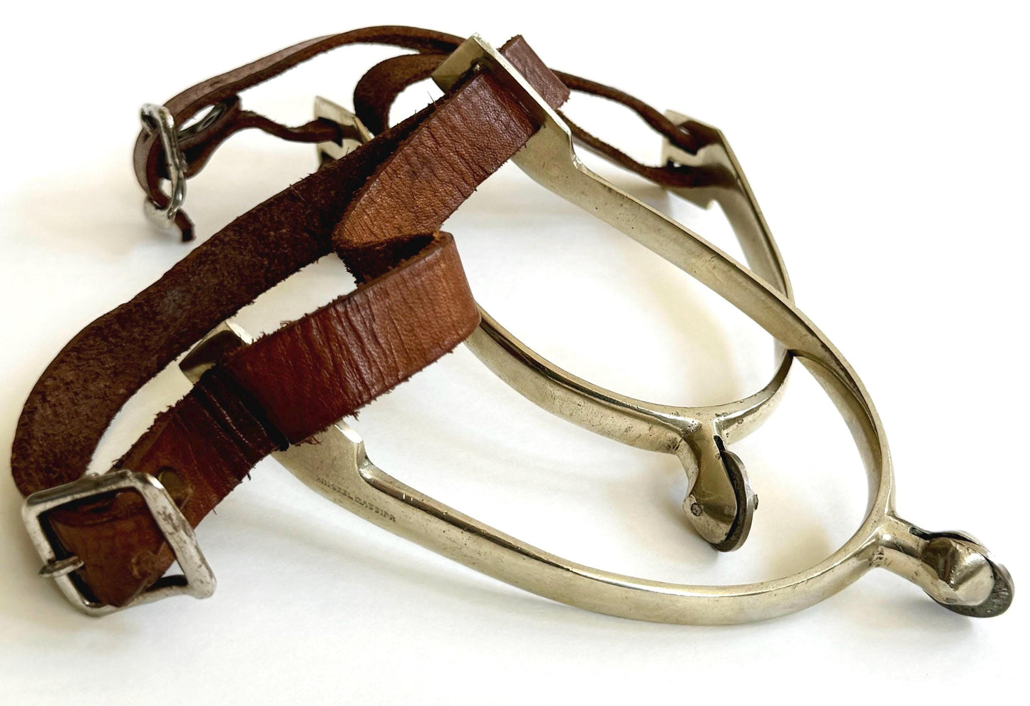 Vintage Nickel Spurs: Worn Leather Straps, Equestrian Ranch Decor