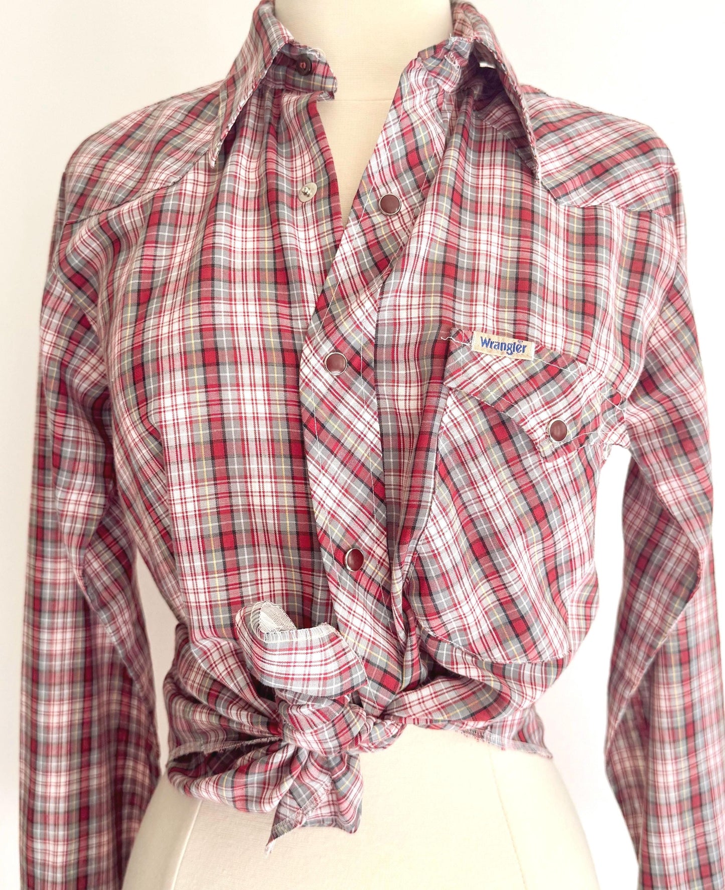 Vintage Wrangler Western Snap Shirt 70s Red White Plaid Made in USA